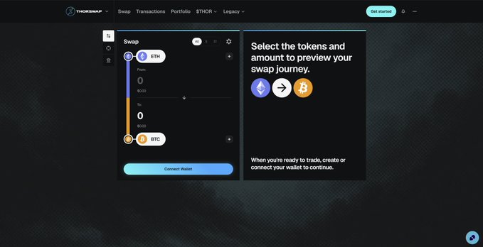 The image shows the THORSwap V3 swap interface, displaying a token exchange panel where users can swap between ETH and BTC, with a "Connect Wallet" button and a message instructing users to "Select the tokens and amount to preview your swap journey." The dark-themed interface previews the upcoming V3 platform teased in the "GM" announcement post.