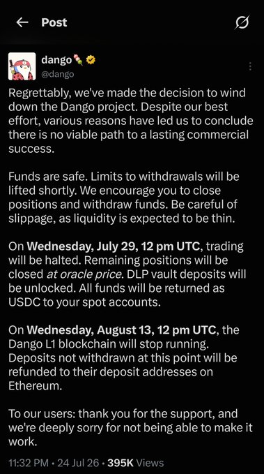 The image shows a tweet from the dango (@dango) account announcing the shutdown of the Dango crypto project, with key dates including a trading halt on July 29 and L1 blockchain shutdown on August 13, where positions will be closed at oracle price and funds returned as USDC. The accompanying post's commentary about "crypto project shutdown season" and avoiding the mainnet aligns with the image's message of yet another DeFi project winding down operations.