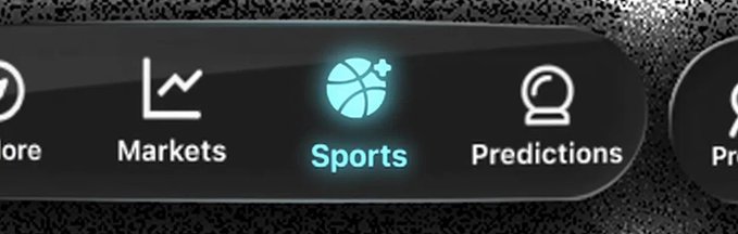 The image shows a sleek dark navigation bar featuring tabs labeled "Markets," "Sports" (highlighted with a glowing teal basketball icon), and "Predictions," with the "Sports" section illuminated to hint at an upcoming feature launch.