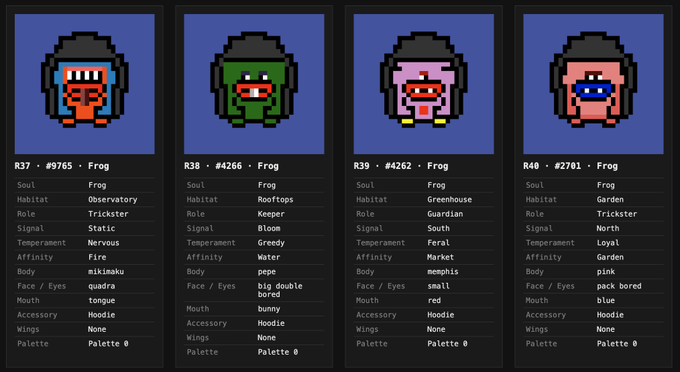 Four pixel-art frog NFTs (R37, R38, R39, R40) with identical traits (Frog Soul, Hoodie Accessory, Palette 0) displayed against blue backgrounds, each showing different variations in habitat, role, body color, and facial features—ready for minting.