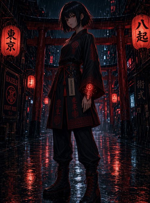 An anime-style character in dark robes with red symbols stands in a rainy Tokyo alleyway lit by red lanterns reading '東京' (Tokyo) and '八起'.