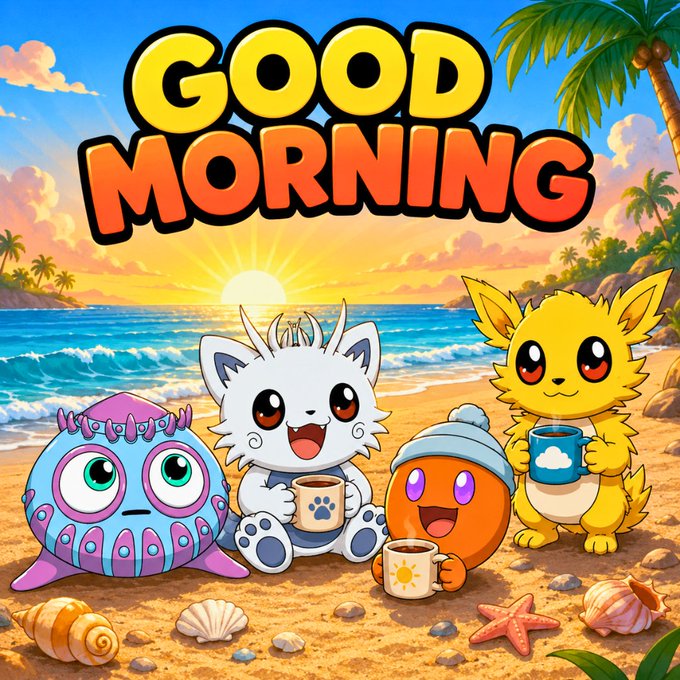 A colorful 'GOOD MORNING' illustration featuring four cute cartoon creatures enjoying coffee on a tropical beach at sunrise, with seashells and a starfish scattered on the sand.