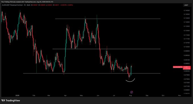 A TradingView daily candlestick chart of ALGO/USDT shows price consolidating near $0.088 after a recent bounce from a low around $0.077, with horizontal support levels drawn near $0.078 and $0.090, and a small smiley face annotation marking the recent bullish reversal that aligns with the post's commentary on holding the macro reclaim for buying pullbacks.