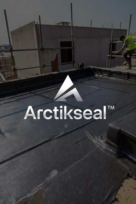 An advertisement for 'Arctikseal™' waterproofing membrane showing a construction worker on scaffolding applying the black membrane on a rooftop with metal logo overlay.