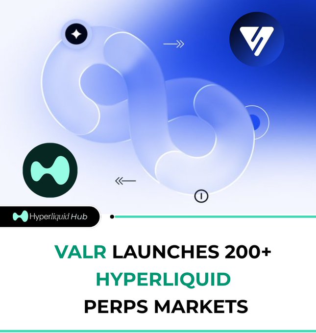 The image shows a graphic featuring 3D infinity-like shapes in blue and white tones, with the VALR logo in the top right, the Hyperliquid Hub logo on the left, and bold text reading "VALR LAUNCHES 200+ HYPERLIQUID PERPS MARKETS," visually announcing VALR's new integration of Hyperliquid-powered perpetual futures trading.