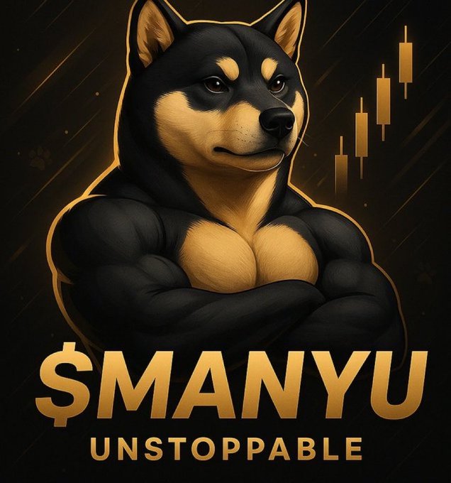 An illustration of a muscular Shiba Inu dog with crossed arms against a dark background with candlestick charts, labeled '$MANYU UNSTOPPABLE'.