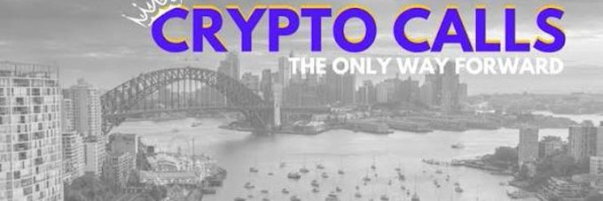 A grayscale banner featuring the Sydney Harbour Bridge and city skyline displays the bold text "CRYPTO CALLS" with the tagline "THE ONLY WAY FORWARD," promoting the cryptocurrency token $ANSEM with urgent calls to buy before it "goes to the moon."