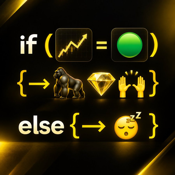 A graphic illustrating an if/else programming concept using emojis: if a green light/stock chart up, then gorilla/diamond/hands emojis; else, a sleeping emoji.
