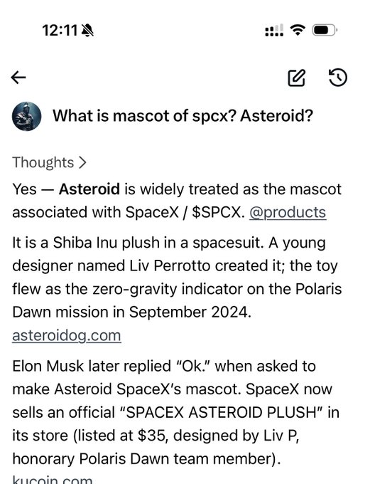 A screenshot of a Threads post explaining that Asteroid, a Shiba inu plush designed by Liv Perrotto, is treated as SpaceX's ($SPCX) mascot after serving as the zero-gravity indicator on the Polaris Dawn mission in September 2024, with Elon Musk later endorsing "Ok." The image supports the post's claim by providing factual context about the $ASTEROID stock meme, linking it to a real-world SpaceX connection and the $35 official "SPACEX ASTEROID PLUSH" sold in SpaceX's store.