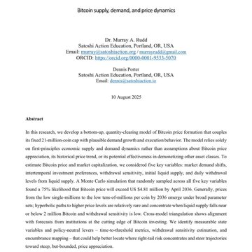 The image shows a document titled "BICOIN SUPPLY, Demand, and Price Dynamics" on a white background. The text within the document provides an analysis of Bitcoin's price dynamics and its potential future value. The article is posted online for free viewing by anyone interested in this topic.