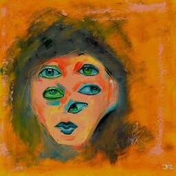 A painted artwork of a face with multiple green eyes on an orange textured background.