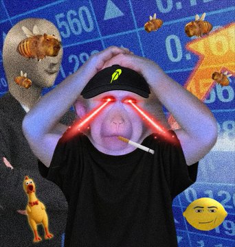 A humorous edited image features a monkey with laser beam eyes, a cigarette, and a black cap, superimposed on a financial chart background and surrounded by floating bee and chicken emojis.