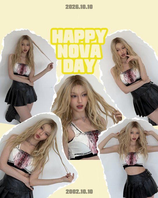 A fan-made or promotional collage for 'HAPPY NOVA DAY' featuring five photos of a young woman with blonde hair, with the dates '2026.10.10' and '2002.10.10' displayed.