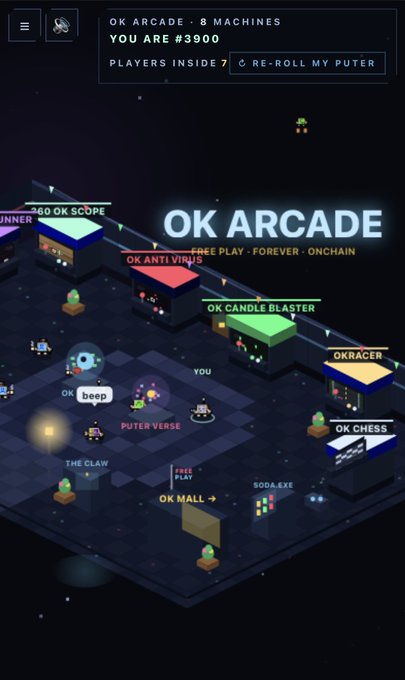 A screenshot of an 'OK ARCADE' interface showing an isometric pixel-art arcade with mini-games like 'OK CHESS', 'OKRACER', and 'OK MALL', with text reading 'YOU ARE #3900' and 'FREE PLAY - FOREVER - ONCHAIN'.