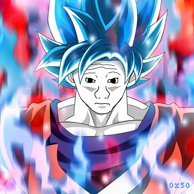 An anime-style digital illustration of a character with spiky blue and white hair, surrounded by a colorful aura of blue and red energy, with '0X50' in the bottom right corner.