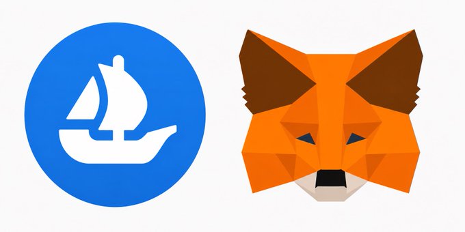 Two cryptocurrency logos displayed on a white background: the blue OpenSea sailing ship logo and the orange geometric MetaMask fox logo.