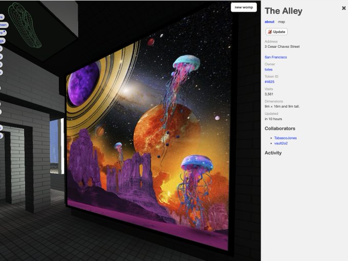 A screenshot of a virtual gallery space displaying a vibrant, surreal digital artwork titled 'The Alley' featuring glowing jellyfish-like creatures against a space background, with interface details showing 'San Francisco' and collaborator names.