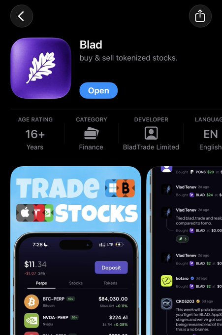 An App Store listing for 'Blad', a finance app to 'buy & sell tokenized stocks,' rated 16+ and developed by BladTrade Limited, showing interface previews.