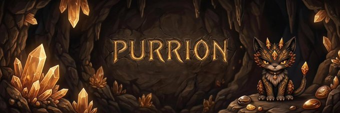 The image features a cartoon cat sitting on rocks, with the word "Purrion" written above and below the cat's head. The background of the image is dark gray, but there are some bright orange crystals scattered throughout the scene. Below the cat, there is text that reads "giveaway time guys i'm raffling out 3 GTD & 10 FCFS of @purrionhq requirements: - follow me, @purrionhq & @mapemanftcircle - like & retweet - tag 2 frens - drop evm address".