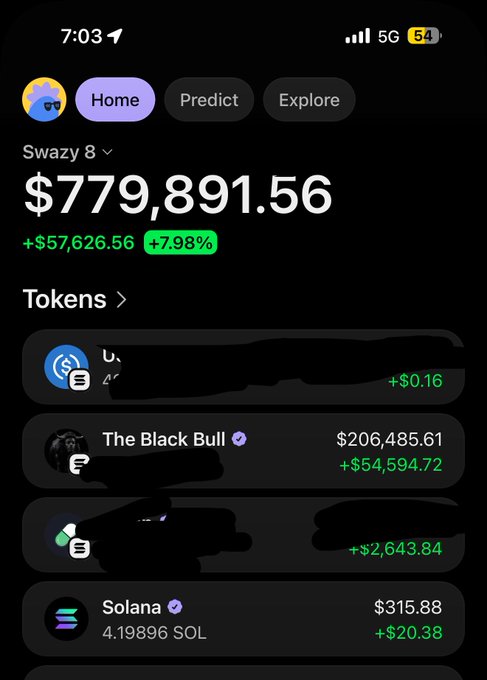 A crypto portfolio screenshot shows "Swazy 8" holding a total of $779,891.56 (+$57,626.56, +7.98%), including notable holdings like "The Black Bull" at $206,485.61 (+$54,594.72) and 4.19896 SOL worth $315.88, reflecting strong gains likely tied to the recent success highlighted in the post about $Ansem's picks.
