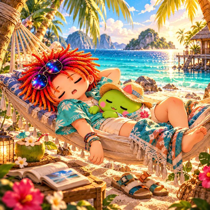An AI-generated illustration of a doll-like figure with red dreadlocks and galaxy-print sunglasses sleeping in a hammock with a small green companion, set on a tropical beach with mountains and ocean in the background.