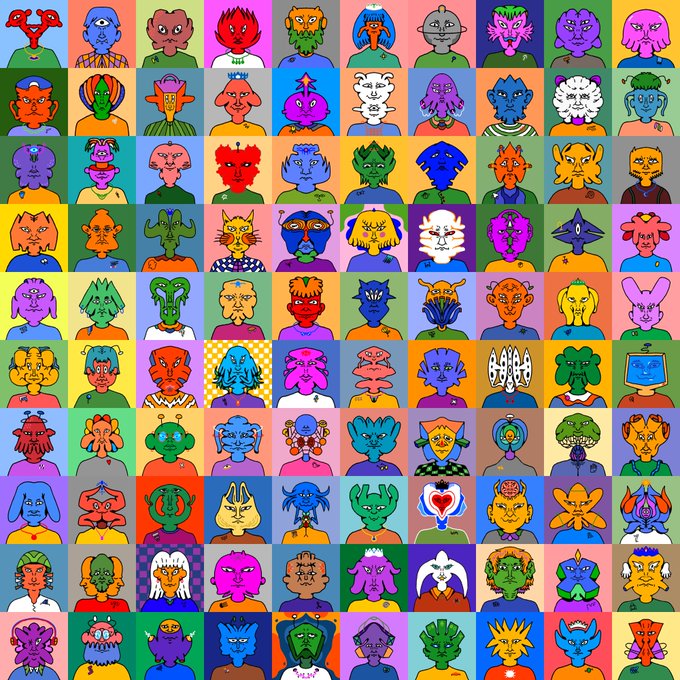A colorful grid displaying a large collection of cartoon-style character avatars or NFT profile pictures, each featuring unique designs, colors, and creatures in a 10x10 layout.
