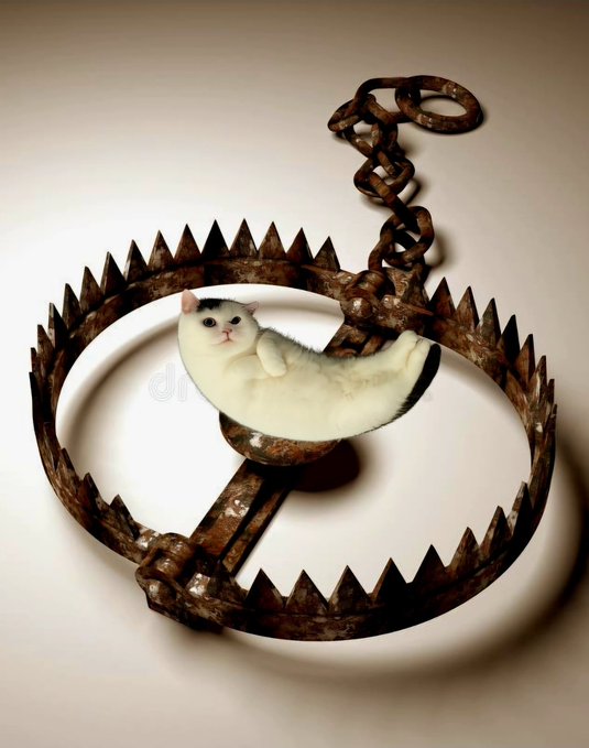 A white cat lounges lazily inside a rusty metal bear trap.