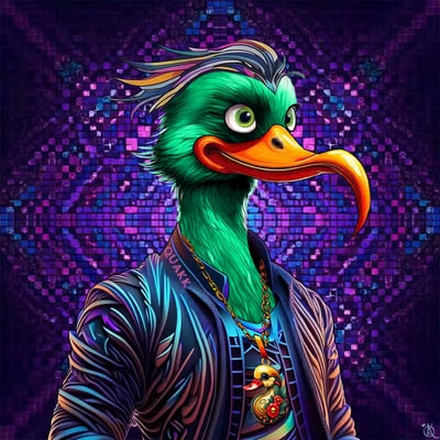 A vibrant digital illustration depicts an anthropomorphic green duck character with colorful feathers wearing an ornate dark jacket and gold medallion against a purple disco-ball background.