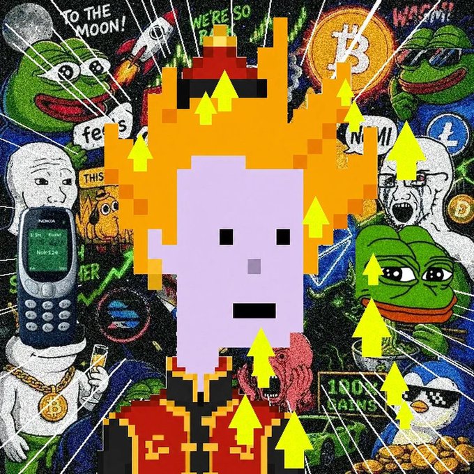 A chaotic crypto-themed digital collage featuring a pixelated flame-haired character in the center, surrounded by Pepe frogs, Bitcoin imagery, Nokia phone, "TO THE MOON!" text, and upward green arrows.