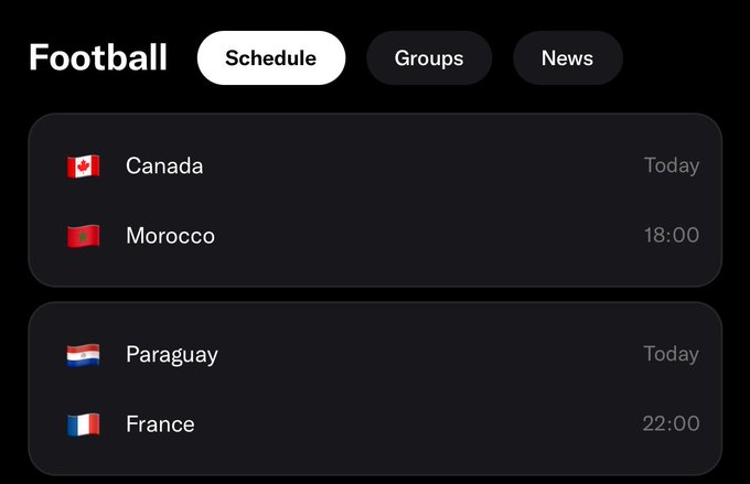A dark-themed football schedule interface displays the Round of 16 matchups, with tabs for "Schedule," "Groups," and "News" at the top. The schedule lists "Canada vs Morocco" at 18:00 and "Paraguay vs France" at 22:00, both marked for "Today," directly corresponding to the post's discussion of these first two World Cup knockout matches and the user's prediction that Morocco will win while hoping Paraguay can upset France.