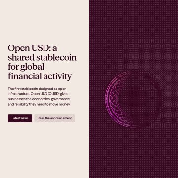A promotional graphic featuring a purple wireframe sphere on a dotted background, with the text "Open USD: a shared stablecoin for global financial activity" and a description noting it as the first stablecoin designed as open infrastructure. The image aligns with the post's message about Open Standard being a consortium of 140+ partners creating a non-corporate-controlled stablecoin.