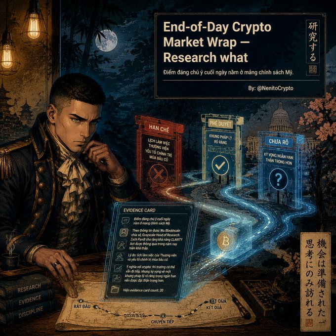 An illustrated graphic titled 'End-of-Day Crypto Market Wrap — Research what' by @NenitoCrypto featuring a historical figure examining evidence cards related to crypto markets and U.S. monetary policy.