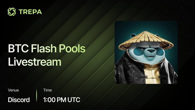 An event announcement for 'TREPA BTC Flash Pools Livestream' taking place on Discord at 1:00 PM UTC, featuring a panda mascot wearing a traditional Asian conical hat.