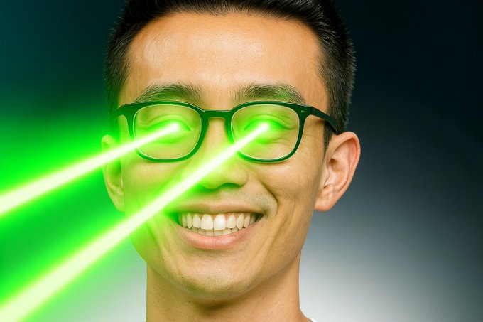 An AI-generated image of a smiling young man wearing glasses, with bright green laser beams shooting from his eyes against a dark background.