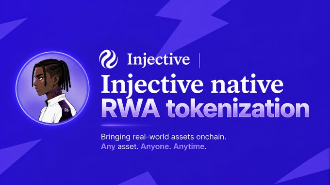 A purple-themed Injective promotional graphic featuring a character avatar and the headline 'Injective native RWA tokenization - Bringing real-world assets onchain. Any asset. Anyone. Anytime.'