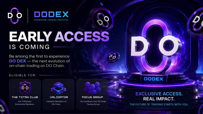 A sleek promotional banner announces "DODEX Early Access Is Coming," highlighting the Cosmwasm Trading Protocol and inviting eligible members from the Titan Club, Validator community, and Focus Group to experience the next evolution of on-chain trading on DO Chain, reinforced by the bold tagline "Exclusive Access. Real Impact."