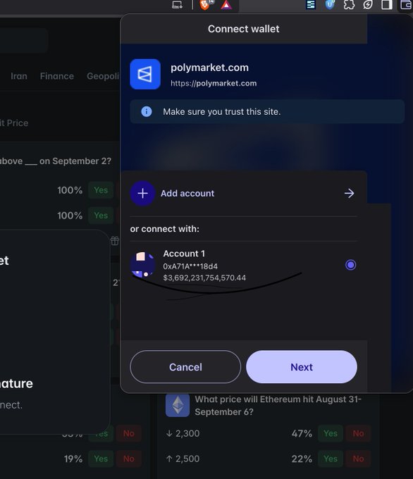 A wallet connection prompt for polymarket.com displays 'Account 1' with the address '0xA71A***18d4' and a balance of '$3,692,231,754,570.44', with 'Cancel' and 'Next' buttons.