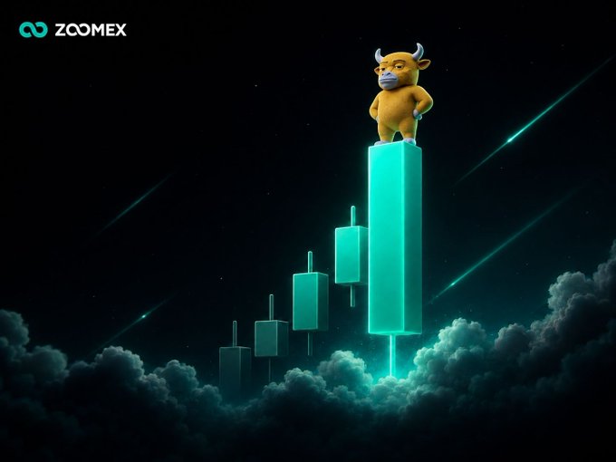 The ZoomEx image features a triumphant golden bull standing atop a rising green candlestick chart, symbolizing the upward momentum and bullish sentiment driving the BTC price repricing beyond mere hype. The "ZOOMEX" logo is visible in the top-left corner, tying the visual to the post's message about regulatory clarity, rising liquidity, and a short squeeze fueling the rally.