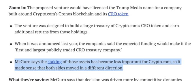 A screenshot of an article highlights a statement from McGurn explaining that Crypto.com's shift away from asset staking led both companies to abandon their proposed Trump Media-licensed CRO treasury venture.