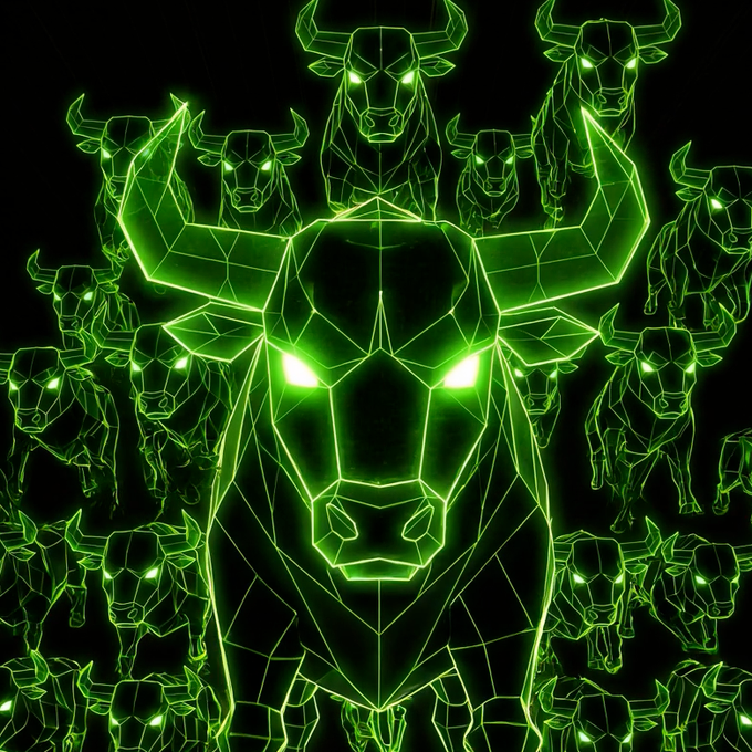 A neon green geometric wireframe artwork depicting a central bull's head surrounded by multiple similar bull figures against a black background.
