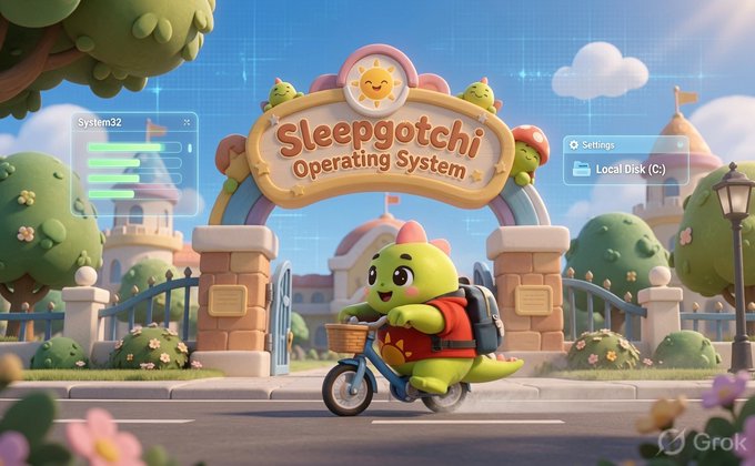 A colorful 3D-rendered cartoon scene featuring a green dinosaur-like character with a backpack riding a bicycle under an archway labeled 'Sleepgotchi Operating System,' with UI elements like 'System32' and 'Local Disk (C:)' floating around.