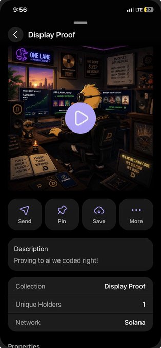 A mobile screenshot of a Solana NFT called 'Display Proof' from the 'One Lane' collection, showing a cartoon character at a trading desk with the description 'Proving to ai we coded right!'.