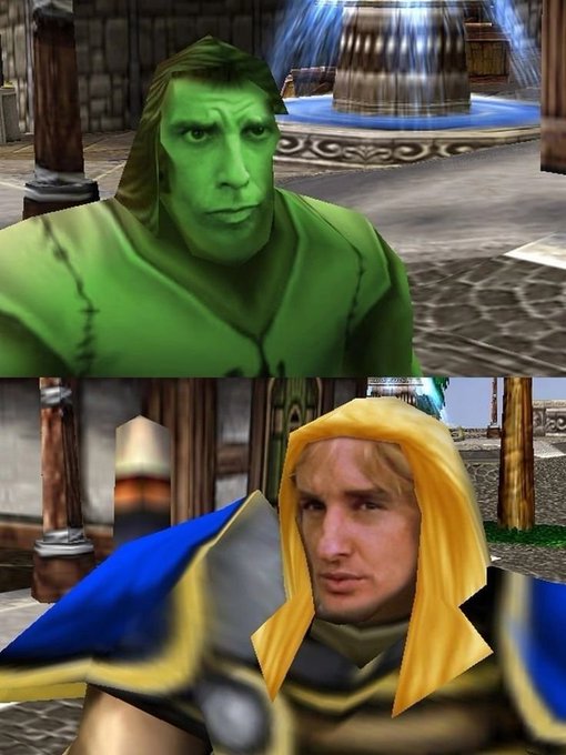 A screenshot from World of Warcraft showing two characters—a green-skinned figure and a blonde hooded character—in what appears to be a hub area, relating to the post's mention of beta testing an auto-farming and questing AI agent for WoW.