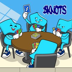 A cartoon illustration of blue pillow-like characters sitting around a circular table playing cards, with the word 'SPORTS' written on the wall behind them.
