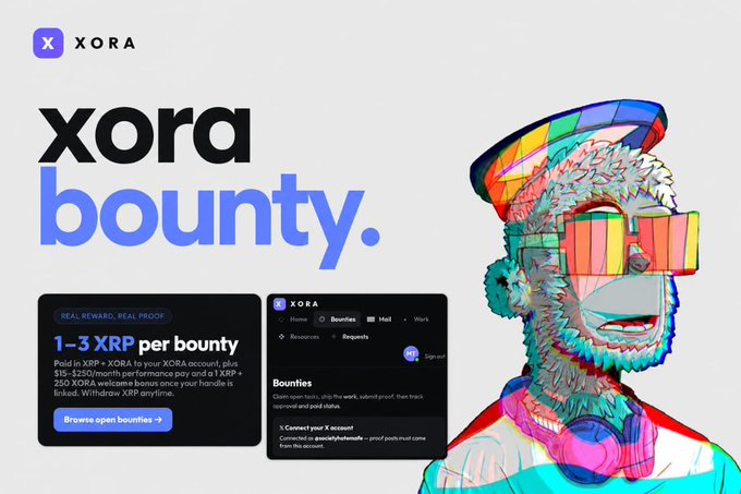A promotional graphic for 'XORA bounty' advertising '1-3 XRP per bounty' for posting on the XORA X account, featuring a colorful illustrated character with pixelated sunglasses and a rainbow hat.