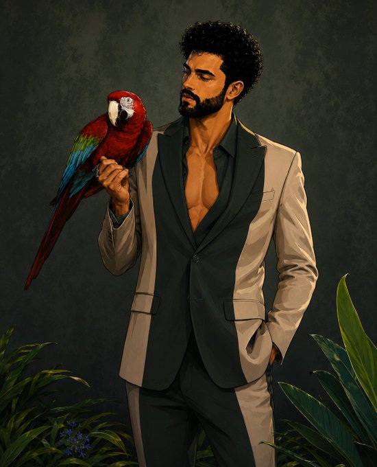 A digital painting of a bearded man in an open gray suit, holding a colorful red, blue, and green macaw parrot in his hand.
