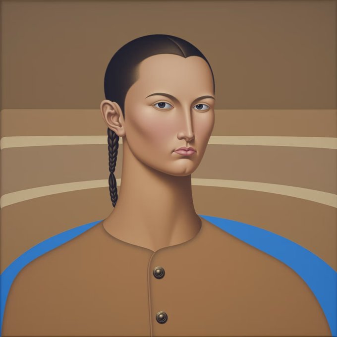 A stylized digital portrait depicts a person with a single braid wearing a brown shirt with a blue collar against a striped background.