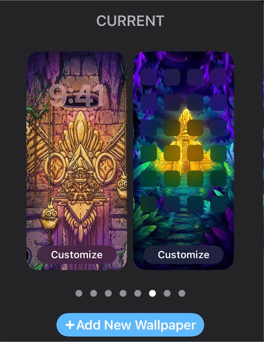 A mobile wallpaper selection screen titled 'CURRENT' showing two fantasy-themed designs with 'Customize' buttons and an '+Add New Wallpaper' option at the bottom.