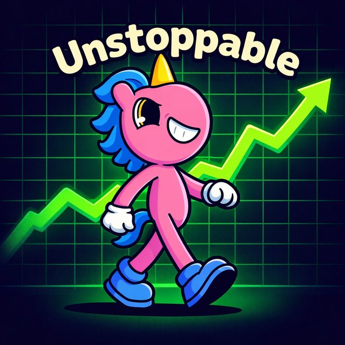 A cartoon illustration shows a pink unicorn walking confidently with a green upward-trending line graph behind it and the word 'Unstoppable' arched above its head.