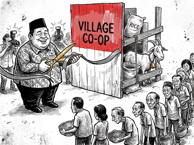 A black and white illustration depicting a man cutting a ribbon at a 'VILLAGE CO-OP' while villagers wait in line with baskets.